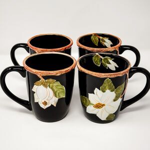 Artimino Magnolia Charm Hand Painted Italy Mug Set 4 Black Floral Discontinued